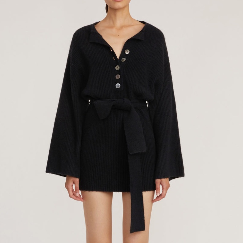Marissa Webb black cashmere blend ribbed knit henley sweater dress